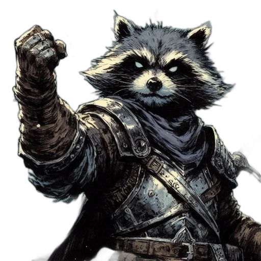animal, weapon, staff, concept art, fantasy art, comic book art, photorealistic, raccoon transparent PNG cut-out