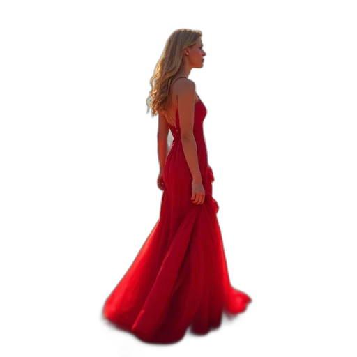 dress, photorealistic, 3d render, concept art, red, blonde, woman, walks transparent PNG cut-out