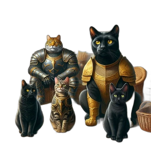 concept art, fantasy art, pixel art, comic book art, golden, anthropomorphic, cats, one transparent PNG cut-out