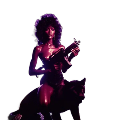 concept art, night, woman, big, curls, holds, flaming, gun transparent PNG cut-out