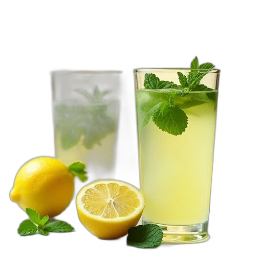food, bottle, weapon, photorealistic, two, glasses, lemonade, mint transparent PNG cut-out