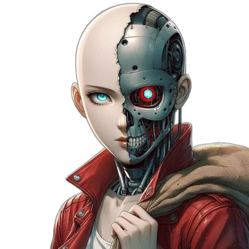robot, cyberpunk, comic book art, concept art, fantasy art, red, character, bald transparent PNG cut-out