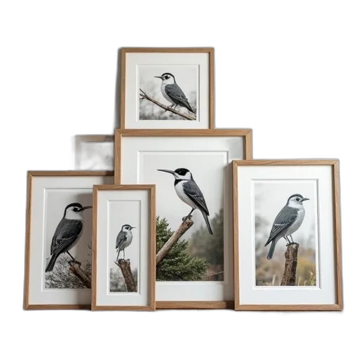photorealistic, monochrome, collection, five, framed, artworks, depicting, various transparent PNG cut-out