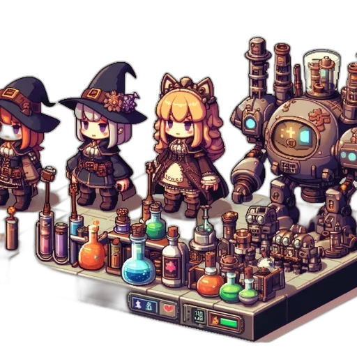 robot, staff, weapon, pixel art, concept art, fantasy art, cyberpunk, outer space transparent PNG cut-out
