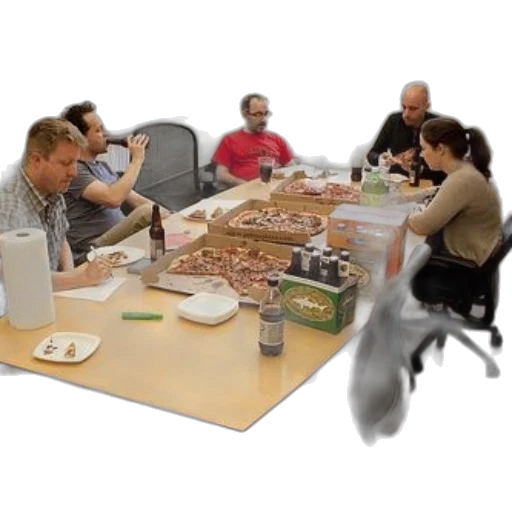 staff, food, robot, concept art, 3d render, group, people, sitting transparent PNG cut-out