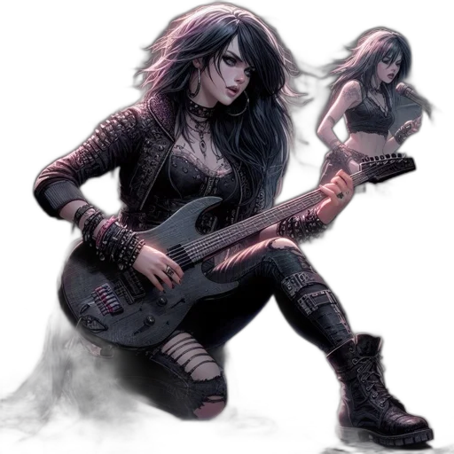 concept art, fantasy art, comic book art, cyberpunk, dark, female, rock, band transparent PNG cut-out
