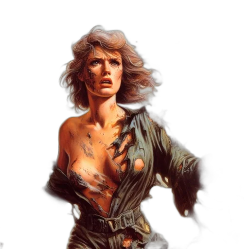 jacket, concept art, comic book art, fantasy art, photorealistic, fire, distressed, woman transparent PNG cut-out