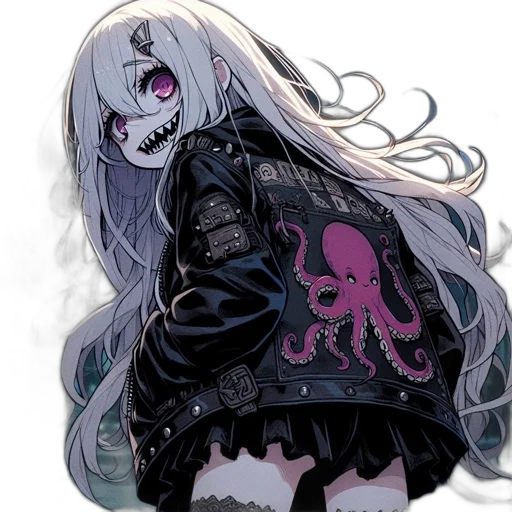 jacket, creature, hair, weapon, concept art, pixel art, anime, cartoon transparent PNG cut-out