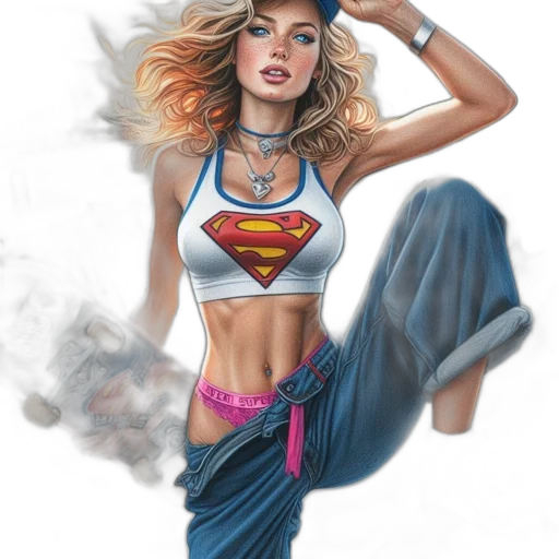 comic book art, concept art, fantasy art, photorealistic, young, woman, wears, superman transparent PNG cut-out