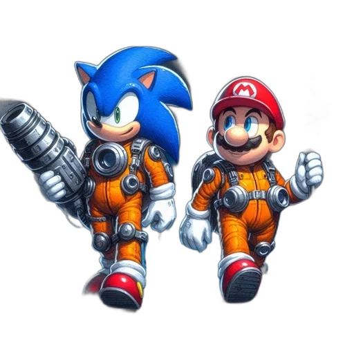 concept art, 3d render, pixel art, comic book art, blue, sonic, hedgehog, mario transparent PNG cut-out