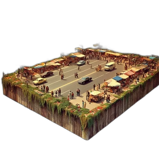 concept art, 3d render, pixel art, fantasy art, city street, forest, unusual, scene transparent PNG cut-out