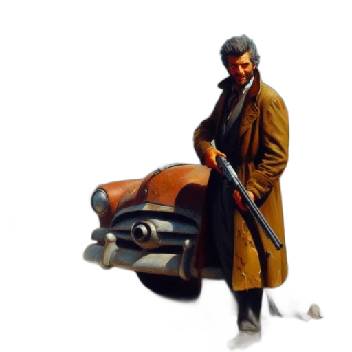 car, jacket, weapon, staff, concept art, oil painting, photorealistic, comic book art transparent PNG cut-out