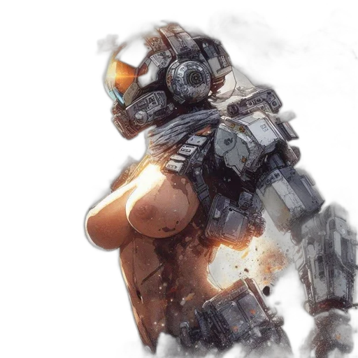 robot, weapon, concept art, 3d render, fantasy art, comic book art, outer space, earth tones transparent PNG cut-out