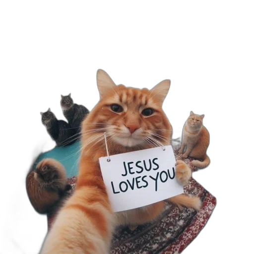 animal, humorous, image, cat, holding, jesus, loves, sign transparent PNG cut-out