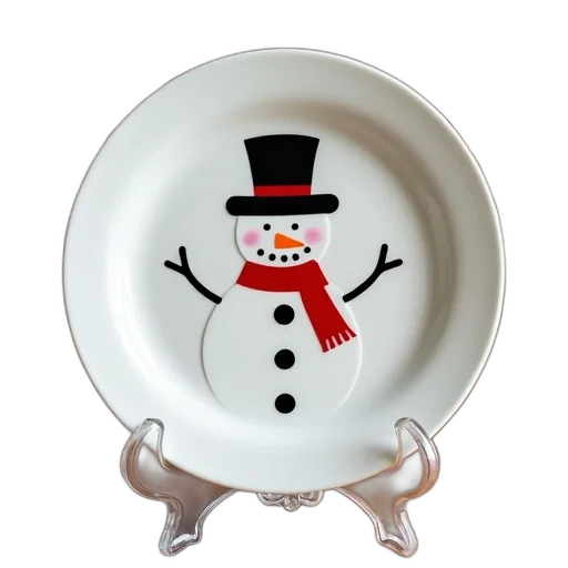 white, ceramic, plate, snowman, design, placed, wooden, dining transparent PNG cut-out
