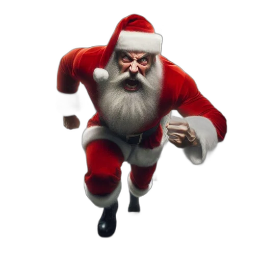 concept art, 3d render, photorealistic, muscular, man, santa, suit, runs transparent PNG cut-out