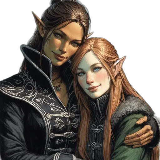 fantasy art, concept art, green, two, female, characters, elf-like, features transparent PNG cut-out