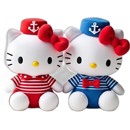 3d render, two, plush, toys, hello, kitty, displayed, side transparent PNG cut-out
