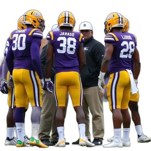 group, lsu, football, players, gathered, field, one, player transparent PNG cut-out