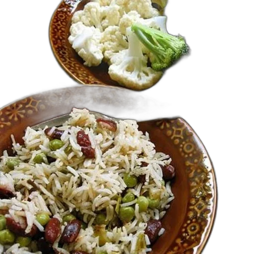 food, plate, rice, beans, peas, accompanied, broccoli, cauliflower transparent PNG cut-out