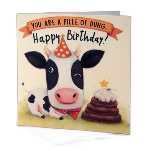 comical, birthday, card, features, cow, wearing, party, hat transparent PNG cut-out