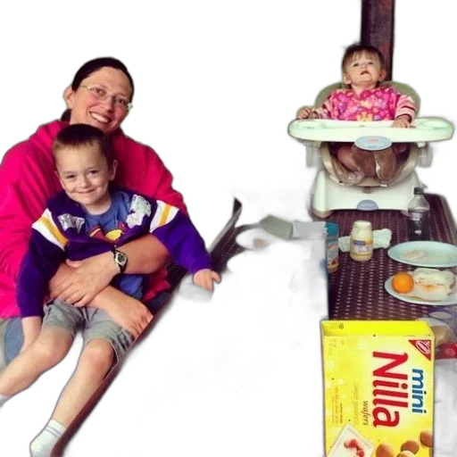 woman, two, children, sit, picnic, table, box, nilla transparent PNG cut-out