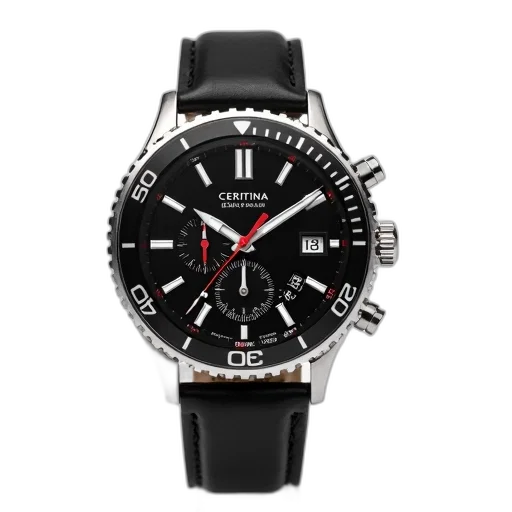 black, silver, wristwatch, leather, strap, displayed, against, white transparent PNG cut-out
