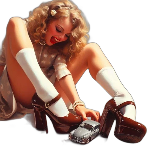 shoes, photorealistic, concept art, oil painting, comic book art, woman, curly, blonde transparent PNG cut-out