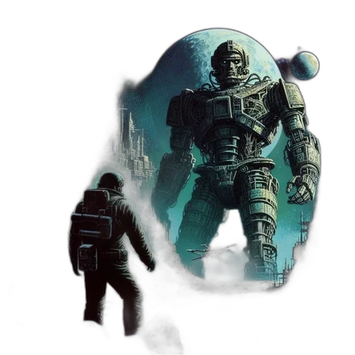 robot, mask, concept art, fantasy art, comic book art, pixel art, outer space, fog transparent PNG cut-out