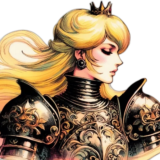 crown, sword, fantasy art, comic book art, concept art, watercolor, golden, female transparent PNG cut-out