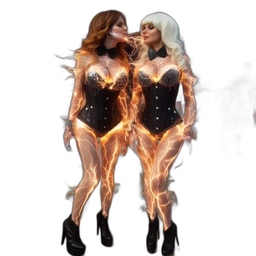 concept art, 3d render, fantasy art, comic book art, fire, two, women, translucent transparent PNG cut-out