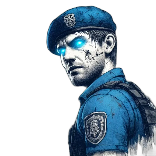 face, concept art, comic book art, photorealistic, cyberpunk, blue, man, tattered transparent PNG cut-out