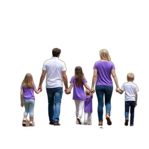 3d render, family, six, walking, down, forest, path, consists transparent PNG cut-out