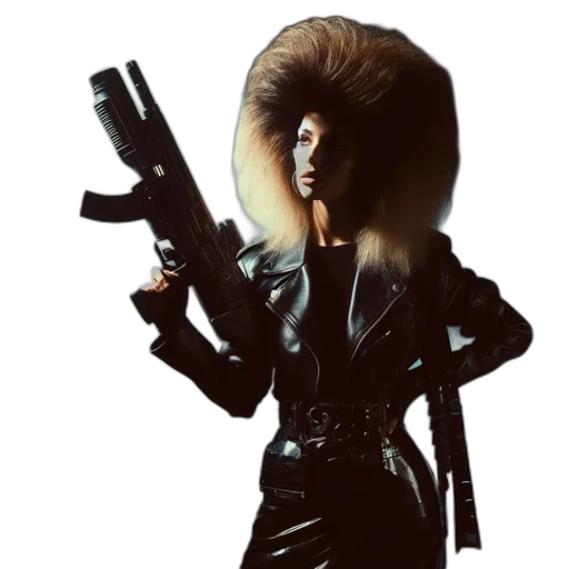 hair, weapon, jacket, staff, concept art, 3d render, cyberpunk, cartoon transparent PNG cut-out