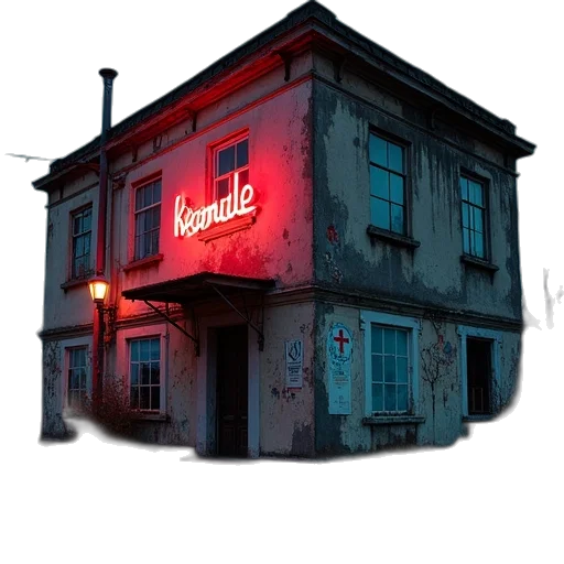 building, furniture, 3d render, photorealistic, neon lights, old, decay, neons transparent PNG cut-out