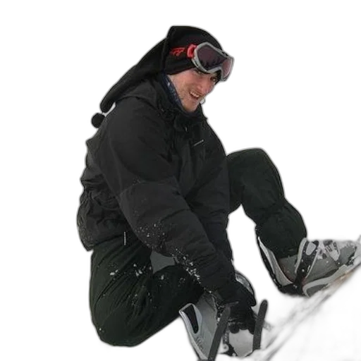 jacket, staff, snow, man, wearing, black, goggles, sits transparent PNG cut-out