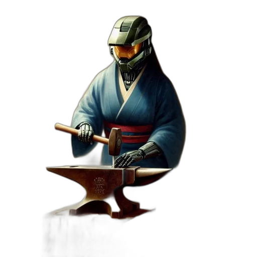 sword, staff, robot, mask, concept art, fantasy art, pixel art, photorealistic transparent PNG cut-out