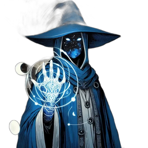 staff, mask, concept art, fantasy art, comic book art, cyberpunk, blue, mysterious transparent PNG cut-out