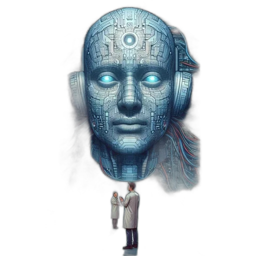 robot, mask, face, staff, concept art, cyberpunk, 3d render, fantasy art transparent PNG cut-out