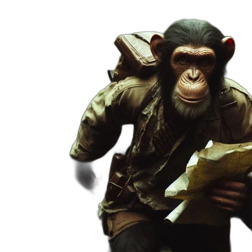 animal, concept art, 3d render, photorealistic, misty, forest, chimpanzee, wearing transparent PNG cut-out