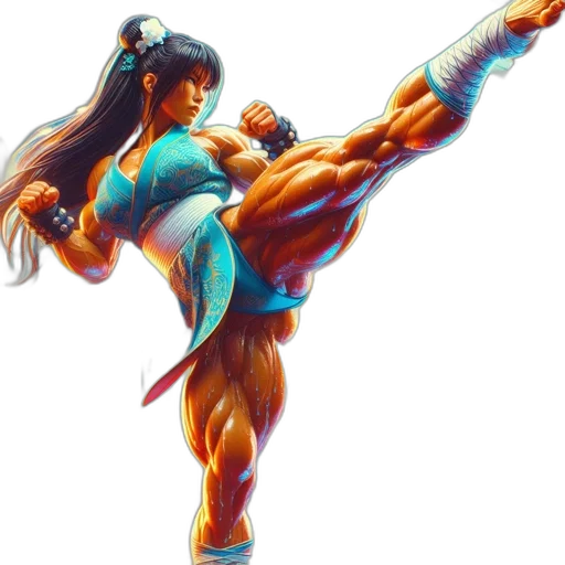 concept art, 3d render, vaporwave, fantasy art, muscular, female, fighter, stands transparent PNG cut-out