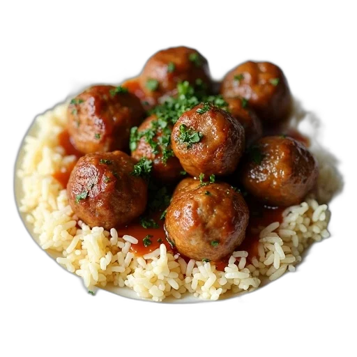 food, photorealistic, plate, variety, meatballs, rice, brown, appear transparent PNG cut-out