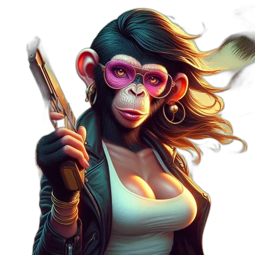 mask, staff, concept art, cyberpunk, fantasy art, comic book art, neon, chimp-like transparent PNG cut-out