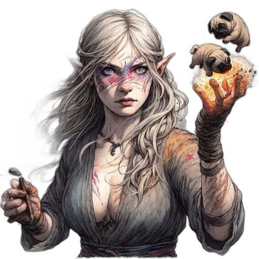 dragon, staff, fantasy art, concept art, pixel art, comic book art, woman, white transparent PNG cut-out