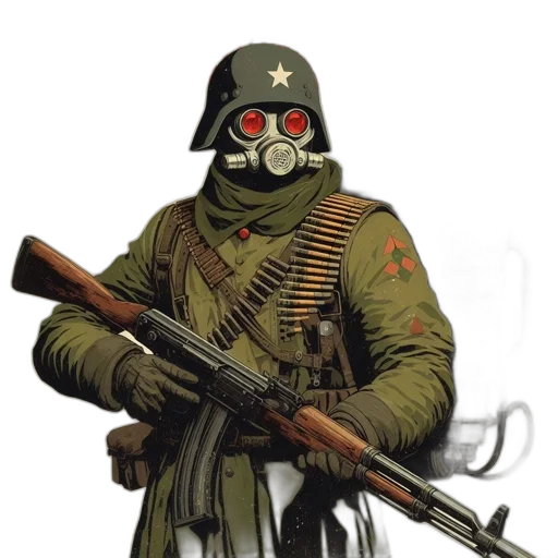 mask, weapon, staff, jacket, concept art, comic book art, pixel art, photorealistic transparent PNG cut-out
