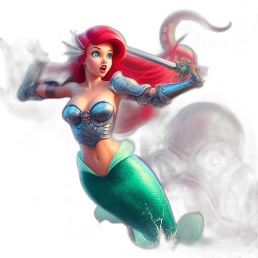fantasy art, concept art, 3d render, comic book art, underwater, mermaid, armed, sword transparent PNG cut-out