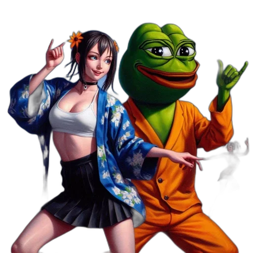 vaporwave, pixel art, anime, concept art, young, woman, frog, character transparent PNG cut-out