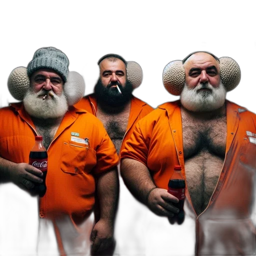 hat, concept art, 3d render, three, men, orange, suits, earmuffs transparent PNG cut-out