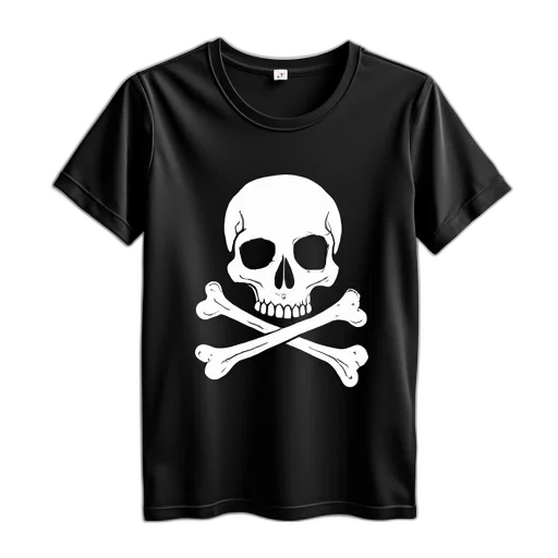 black, t-shirt, white, skull, crossbones, design, front, displayed transparent PNG cut-out