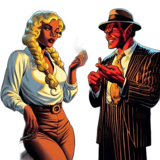 comic book art, concept art, fire, neon lights, blonde, woman, man, red transparent PNG cut-out